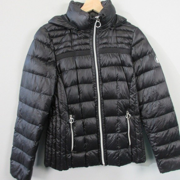 Michael Kors Packable Down Fill Puffer Hooded Jacket Women M Black Winter 354 - Picture 7 of 10